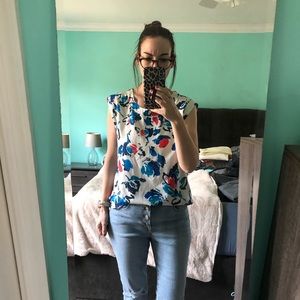 J Crew Womens White Blue Red Floral Cap Sleeve Blouse Top Size S Casual Chic